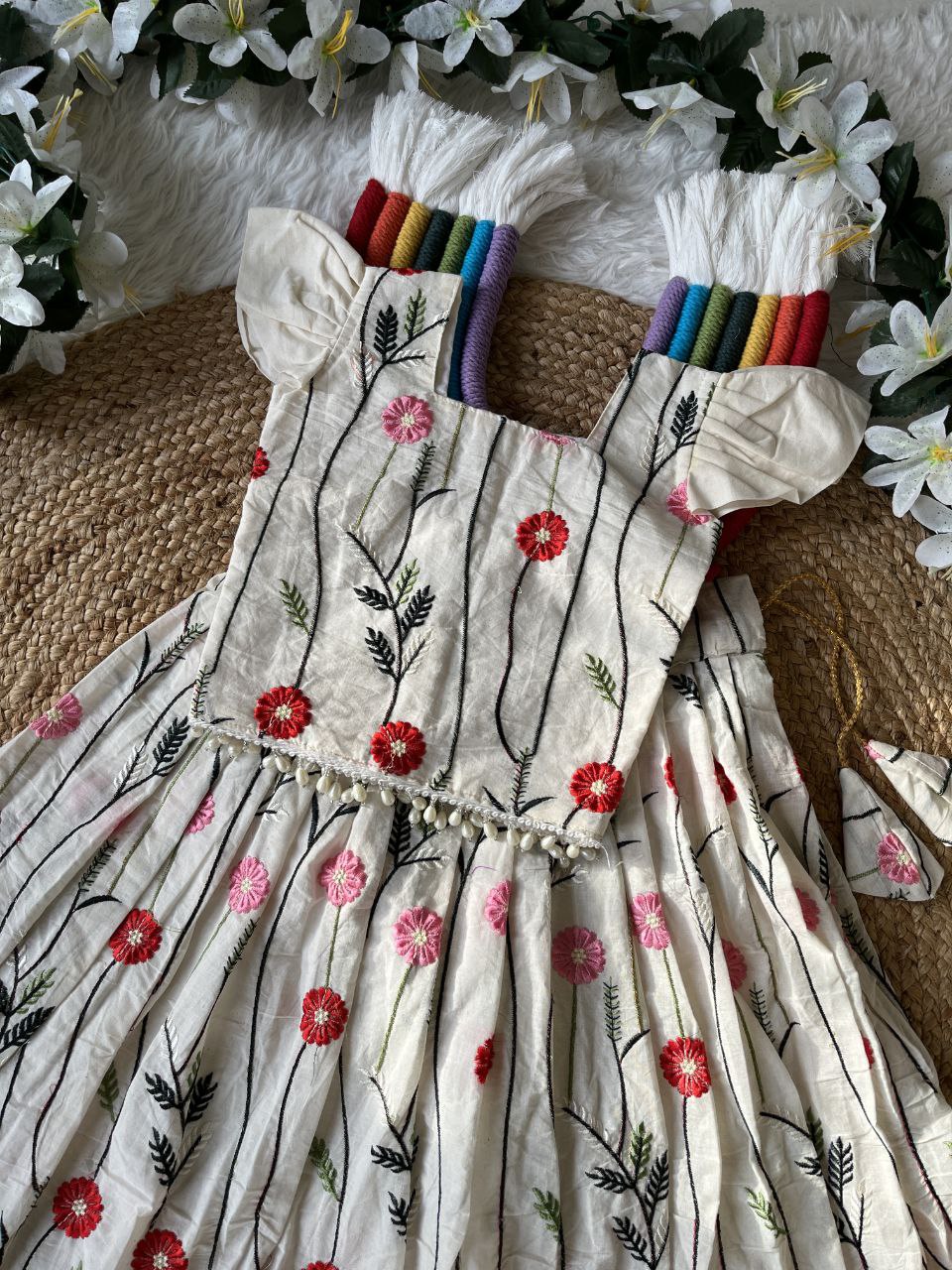 Trending Floral Embroidery Cotton Kids Lehenga Set – Premium Kora Cotton