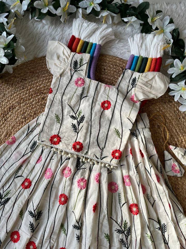 Trending Floral Embroidery Cotton Kids Lehenga Set – Premium Kora Cotton