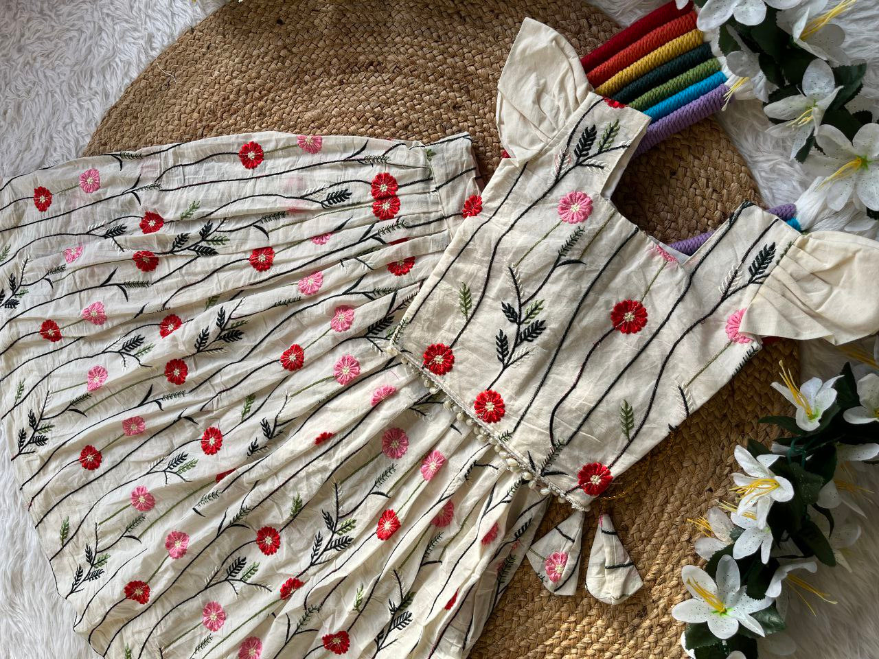 Trending Floral Embroidery Cotton Kids Lehenga Set – Premium Kora Cotton