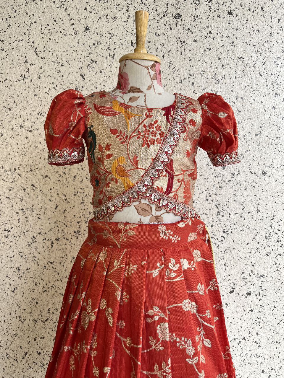 Kids Paithani Tissue Silk Lehenga Set with Bird Motifs & Zari Weaving