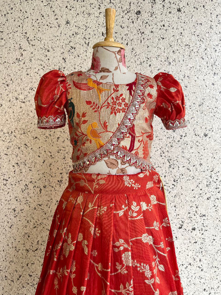 Kids Paithani Tissue Silk Lehenga Set with Bird Motifs & Zari Weaving