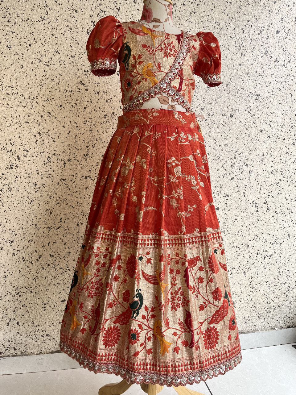 Kids Paithani Tissue Silk Lehenga Set with Bird Motifs & Zari Weaving