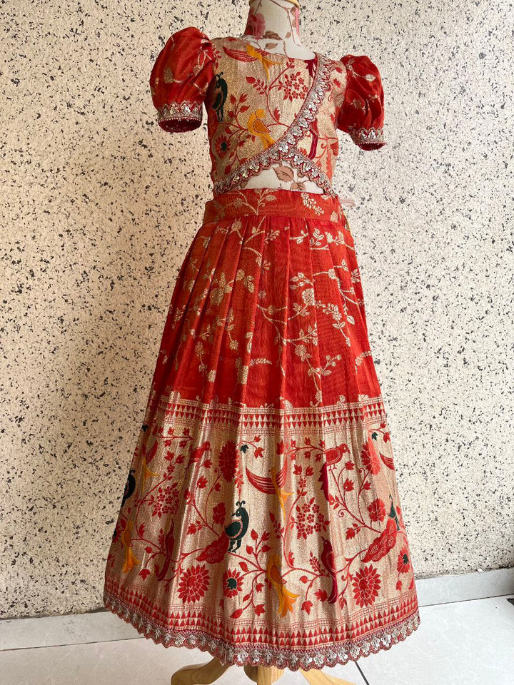 Kids Paithani Tissue Silk Lehenga Set with Bird Motifs & Zari Weaving
