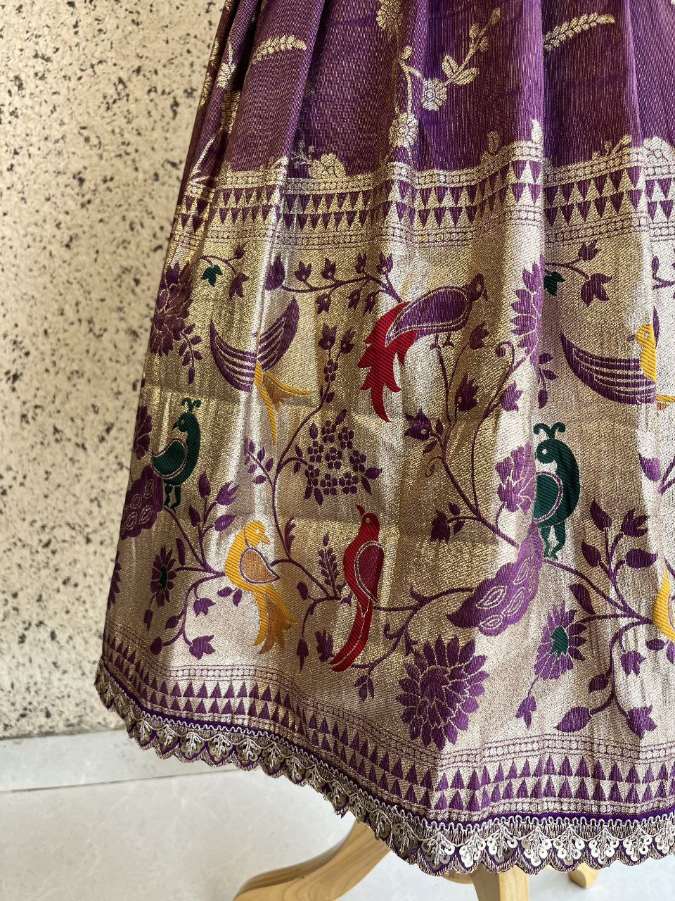 Kids Paithani Tissue Silk Lehenga Set with Bird Motifs & Zari Weaving