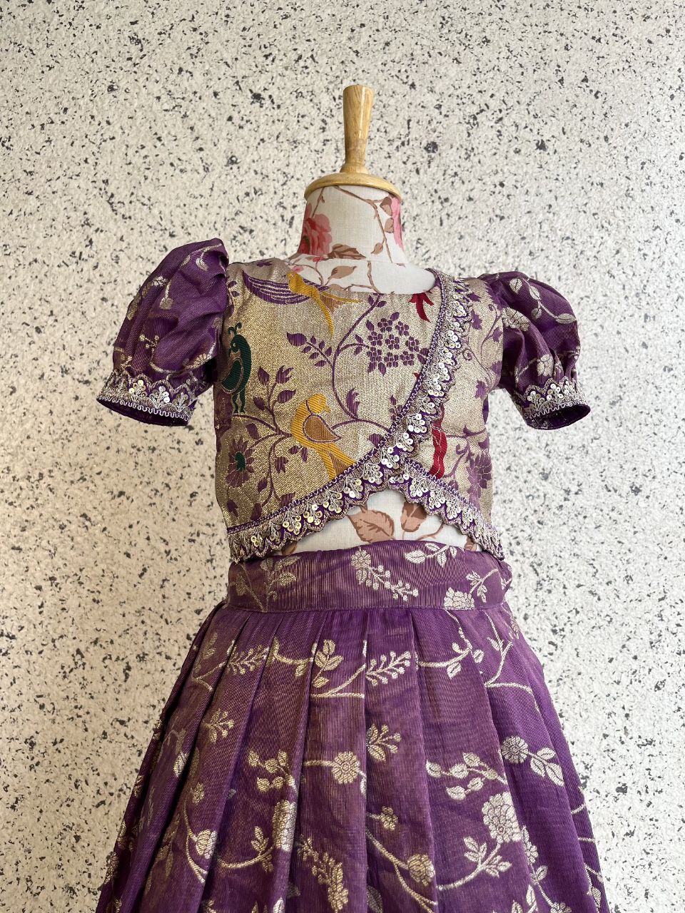 Kids Paithani Tissue Silk Lehenga Set with Bird Motifs & Zari Weaving