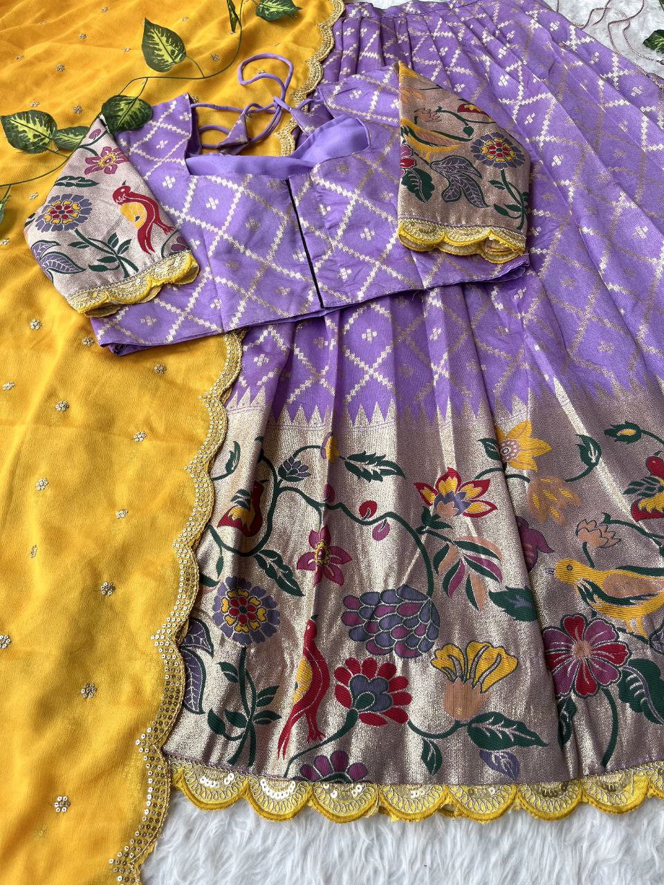 Paithani Dola Silk Lehenga Set with Embroidered Border, Scalloped Blouse & Chinnon Dupatta