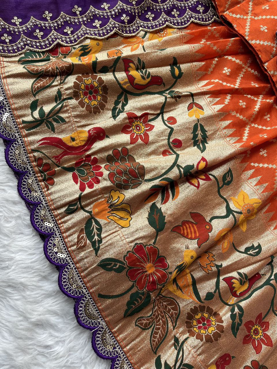Paithani Dola Silk Lehenga Set with Embroidered Border, Scalloped Blouse & Chinnon Dupatta