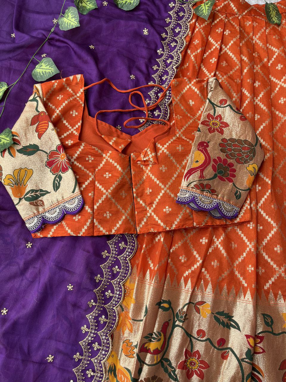 Paithani Dola Silk Lehenga Set with Embroidered Border, Scalloped Blouse & Chinnon Dupatta