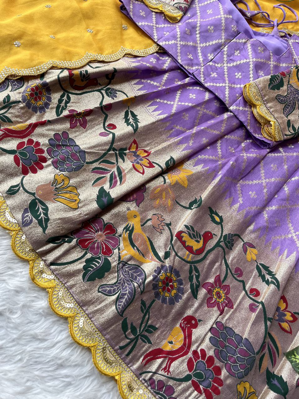 Paithani Dola Silk Lehenga Set with Embroidered Border, Scalloped Blouse & Chinnon Dupatta