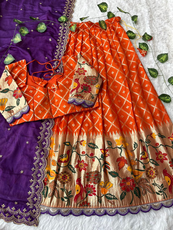 Paithani Dola Silk Lehenga Set with Embroidered Border, Scalloped Blouse & Chinnon Dupatta