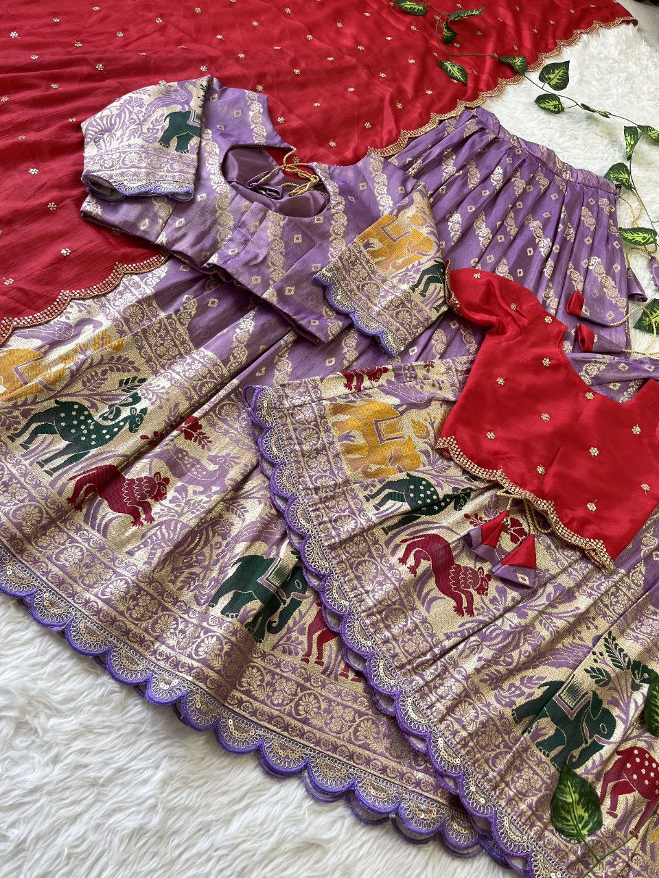 Mom & Daughter Matching Lehenga Set – Tissue Silk Designer Combo with Dupatta
