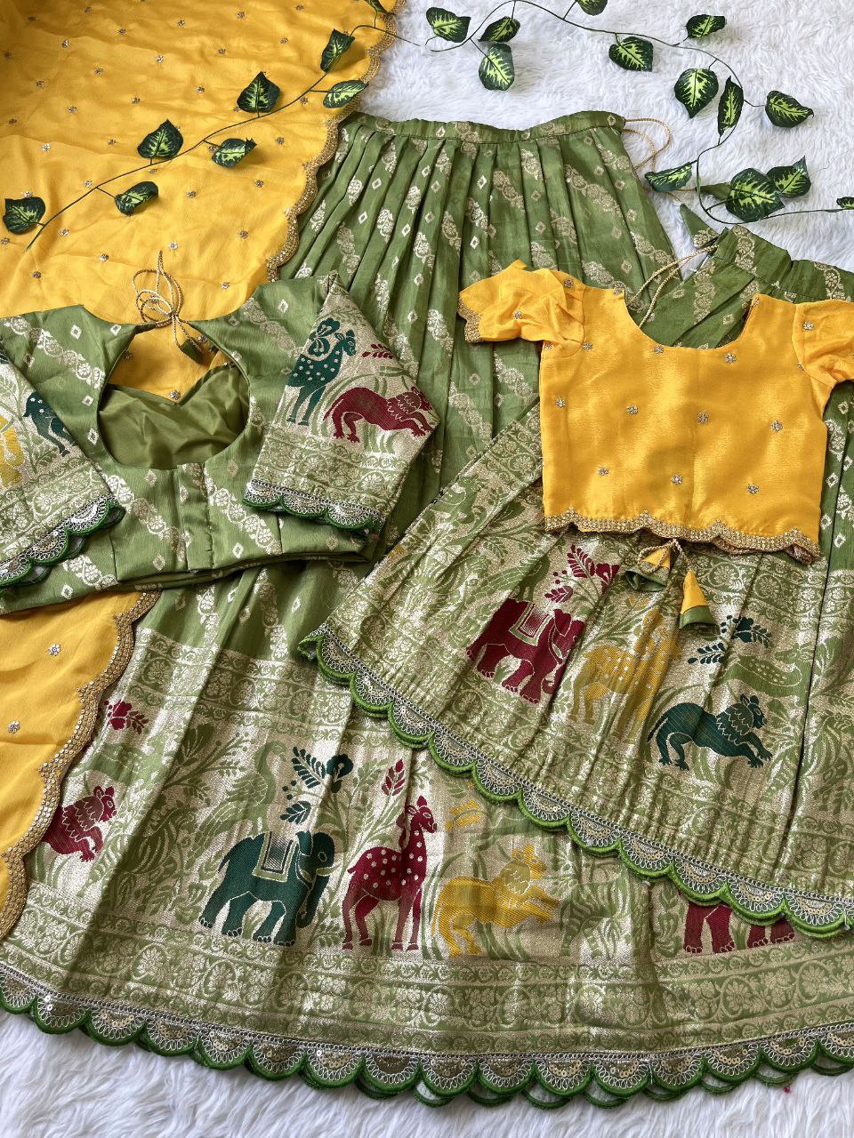Mom & Daughter Matching Lehenga Set – Tissue Silk Designer Combo with Dupatta