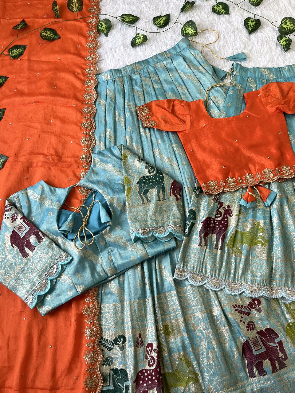 Mom & Daughter Matching Lehenga Set – Tissue Silk Designer Combo with Dupatta