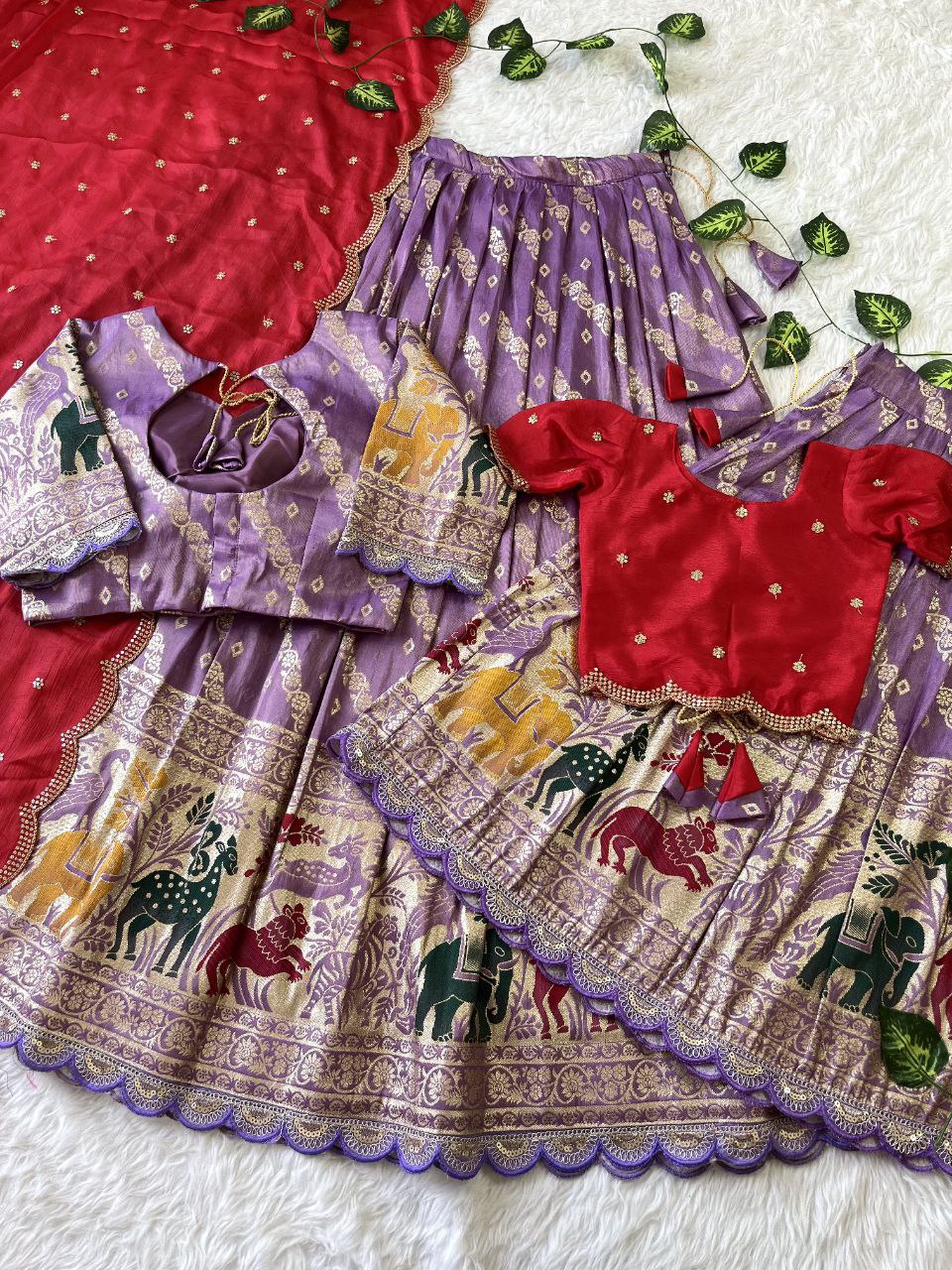Mom & Daughter Matching Lehenga Set – Tissue Silk Designer Combo with Dupatta