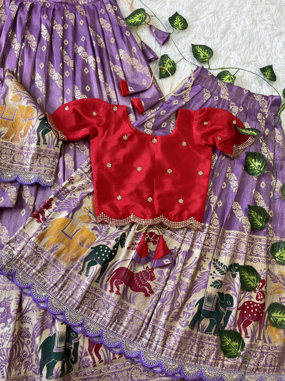 Mom & Daughter Matching Lehenga Set – Tissue Silk Designer Combo with Dupatta