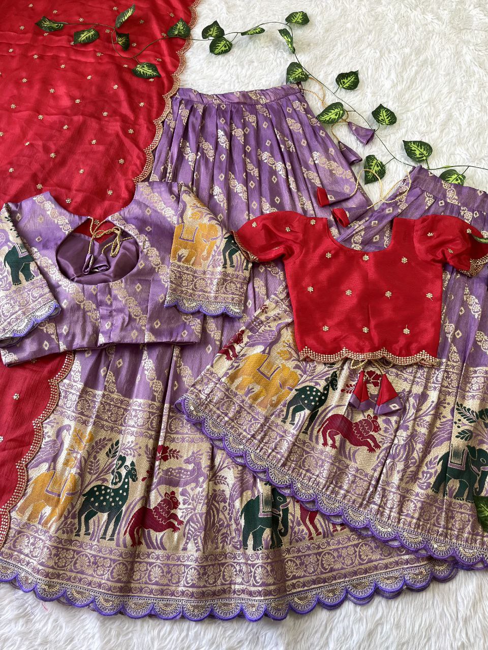 Mom & Daughter Matching Lehenga Set – Tissue Silk Designer Combo with Dupatta