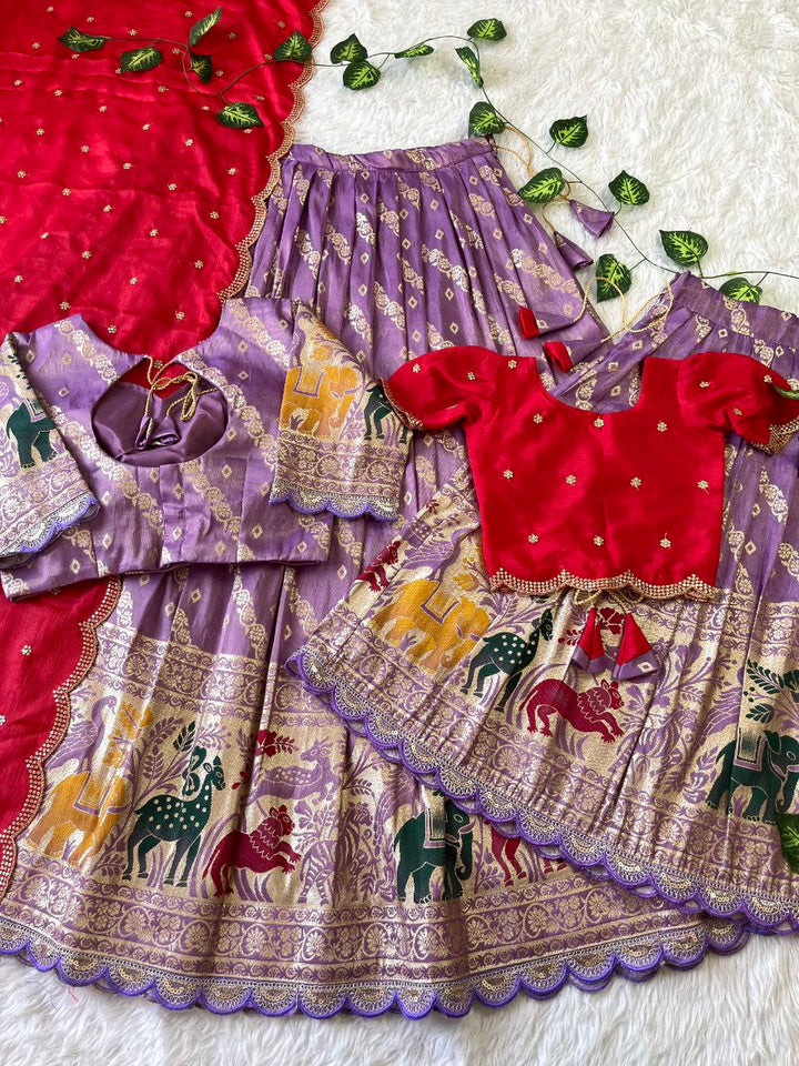 Mom & Daughter Matching Lehenga Set – Tissue Silk Designer Combo with Dupatta