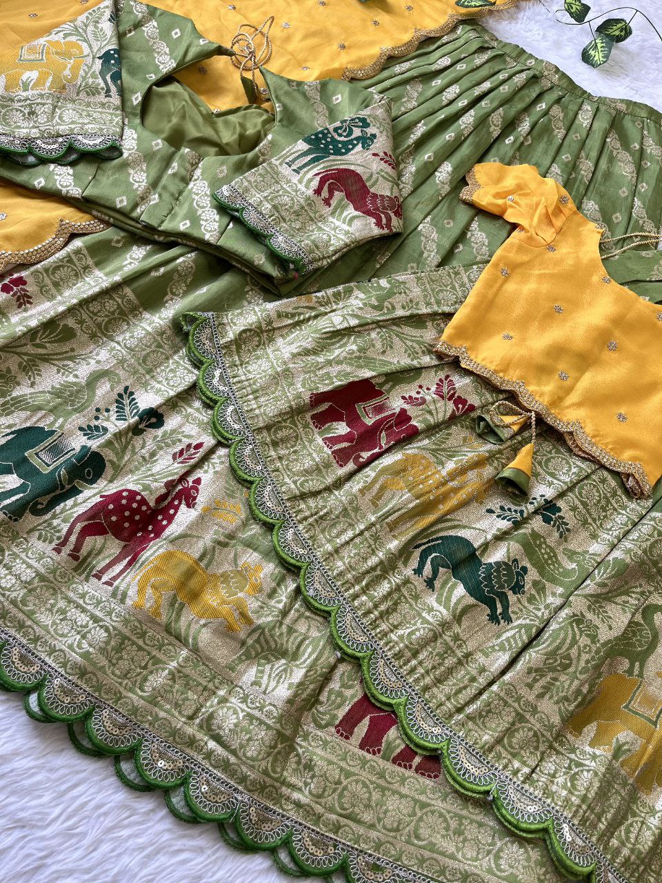 Mom & Daughter Matching Lehenga Set – Tissue Silk Designer Combo with Dupatta