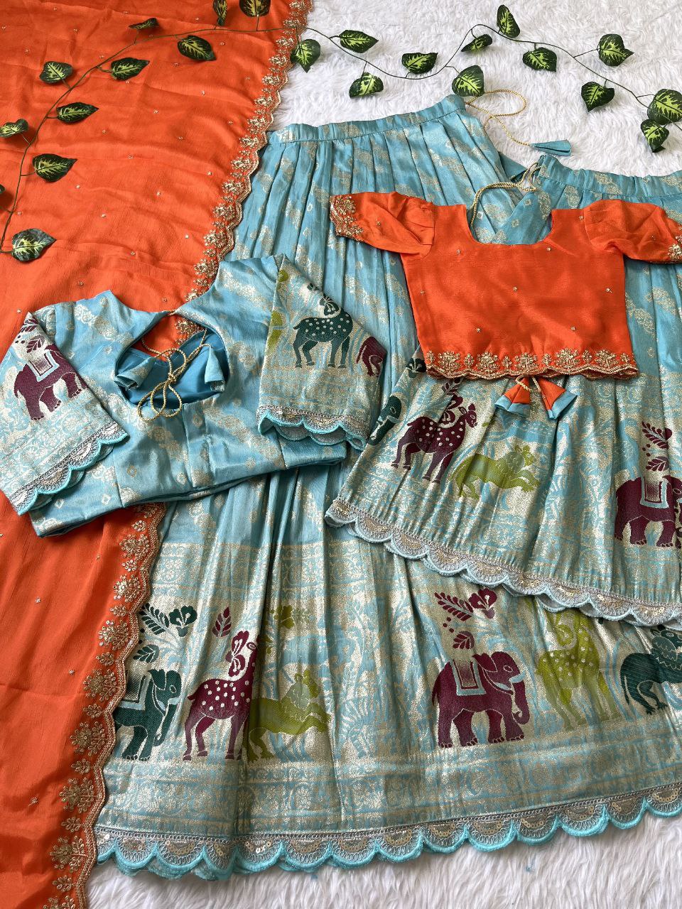Mom & Daughter Matching Lehenga Set – Tissue Silk Designer Combo with Dupatta