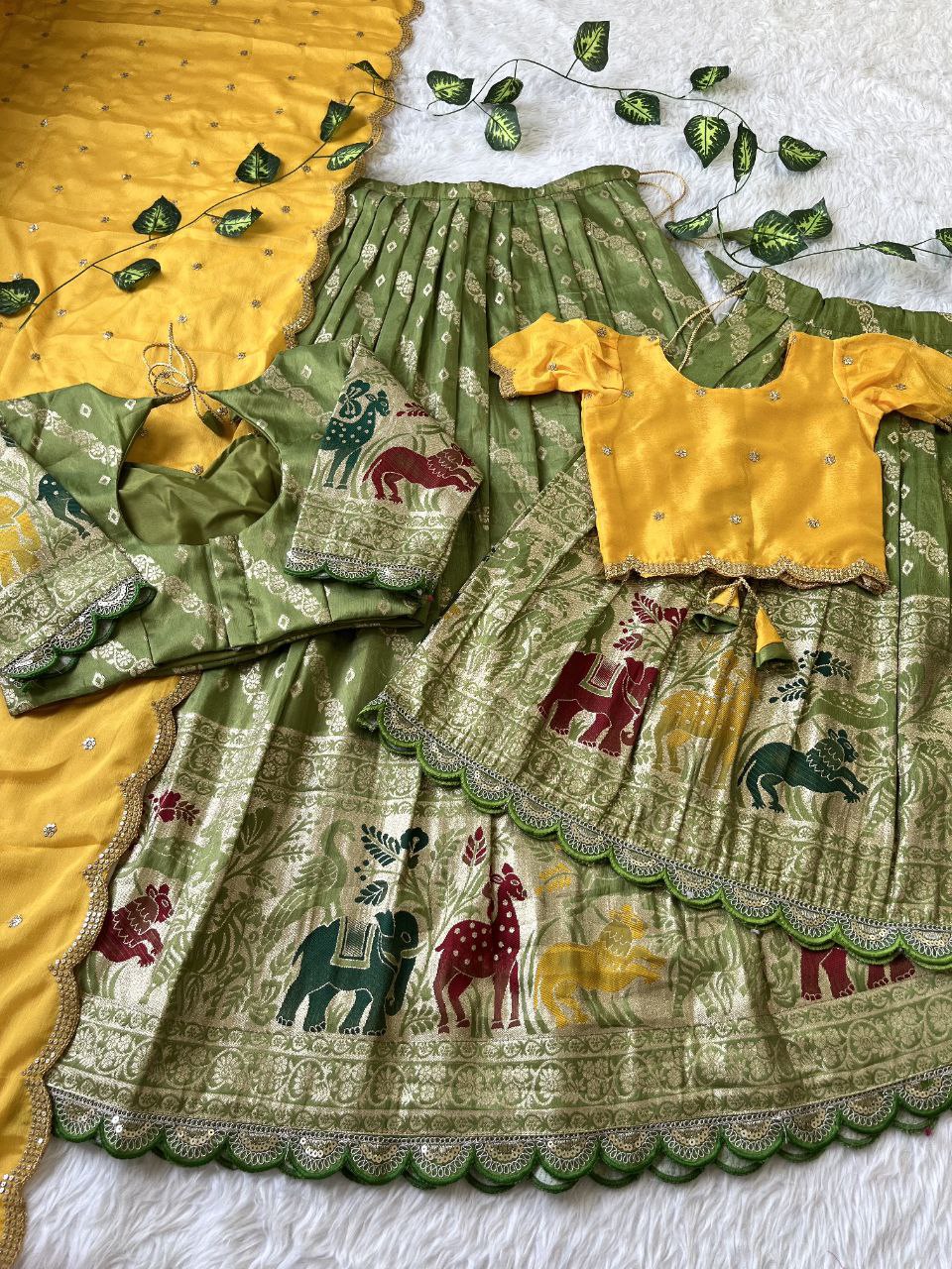 Mom & Daughter Matching Lehenga Set – Tissue Silk Designer Combo with Dupatta