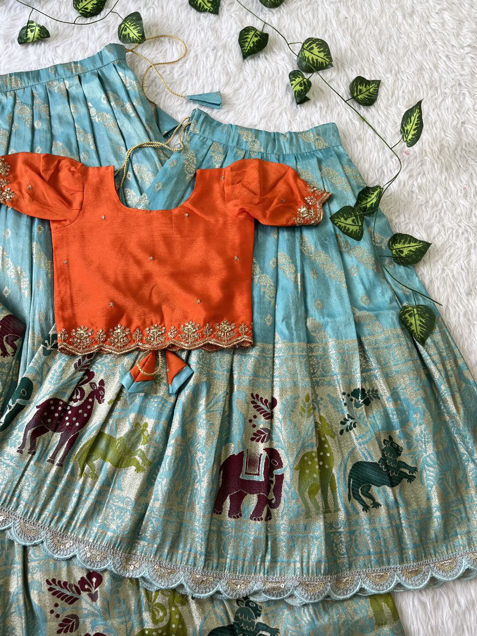 Mom & Daughter Matching Lehenga Set – Tissue Silk Designer Combo with Dupatta
