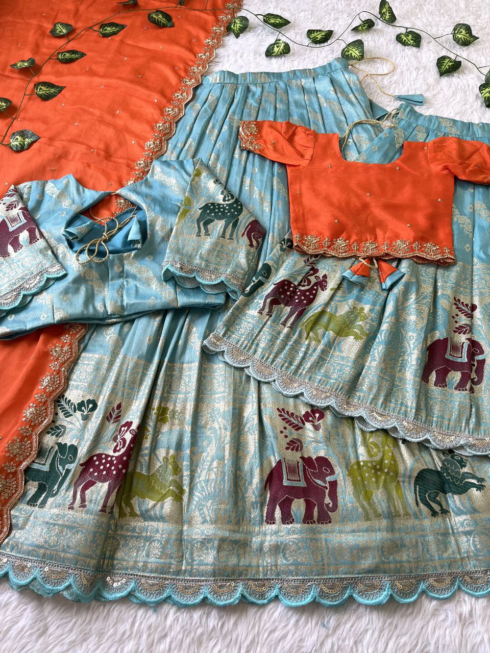 Mom & Daughter Matching Lehenga Set – Tissue Silk Designer Combo with Dupatta