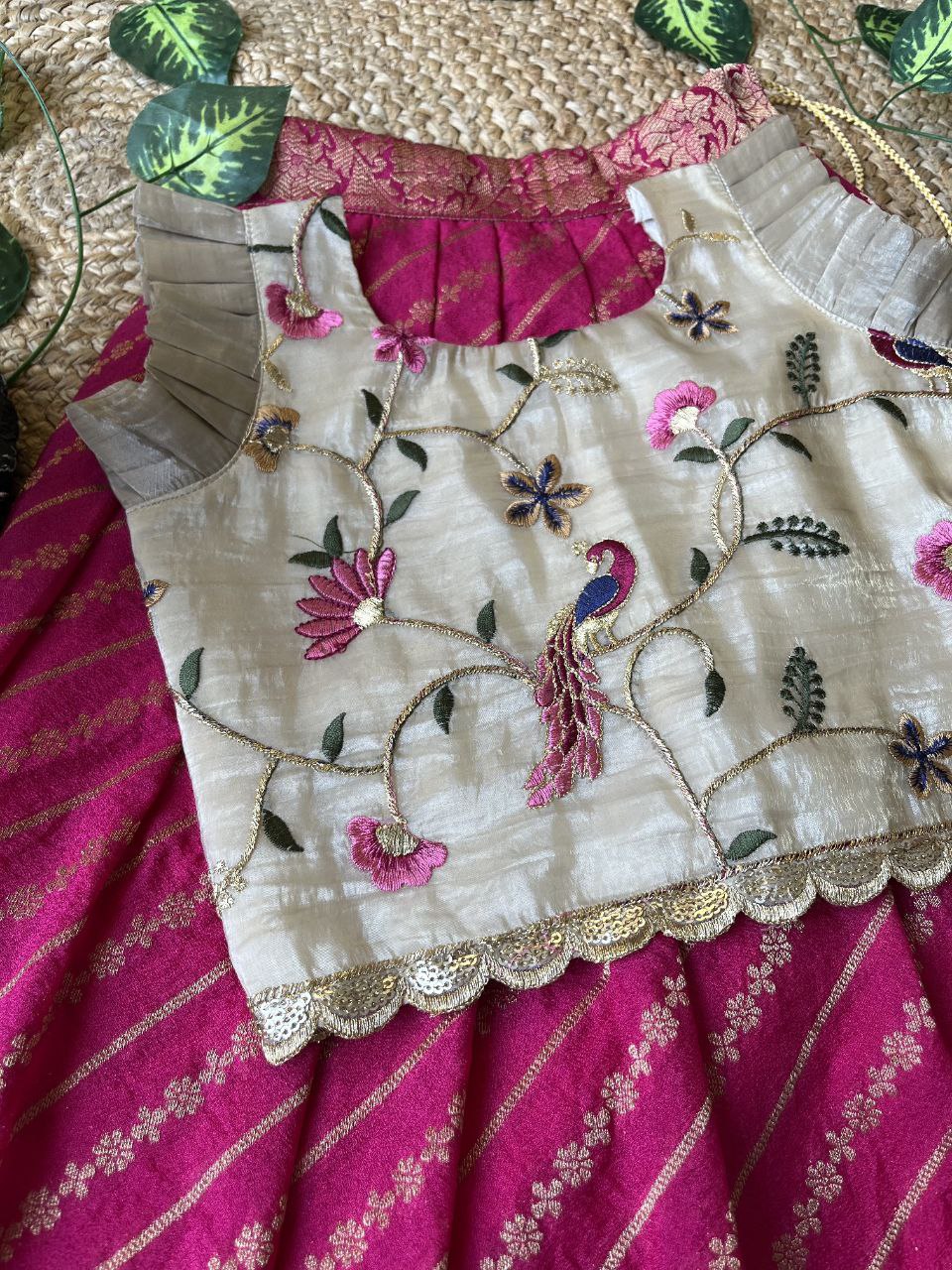Premium Peacock Embroidered Silk Kids Lehenga Set with Zari Border