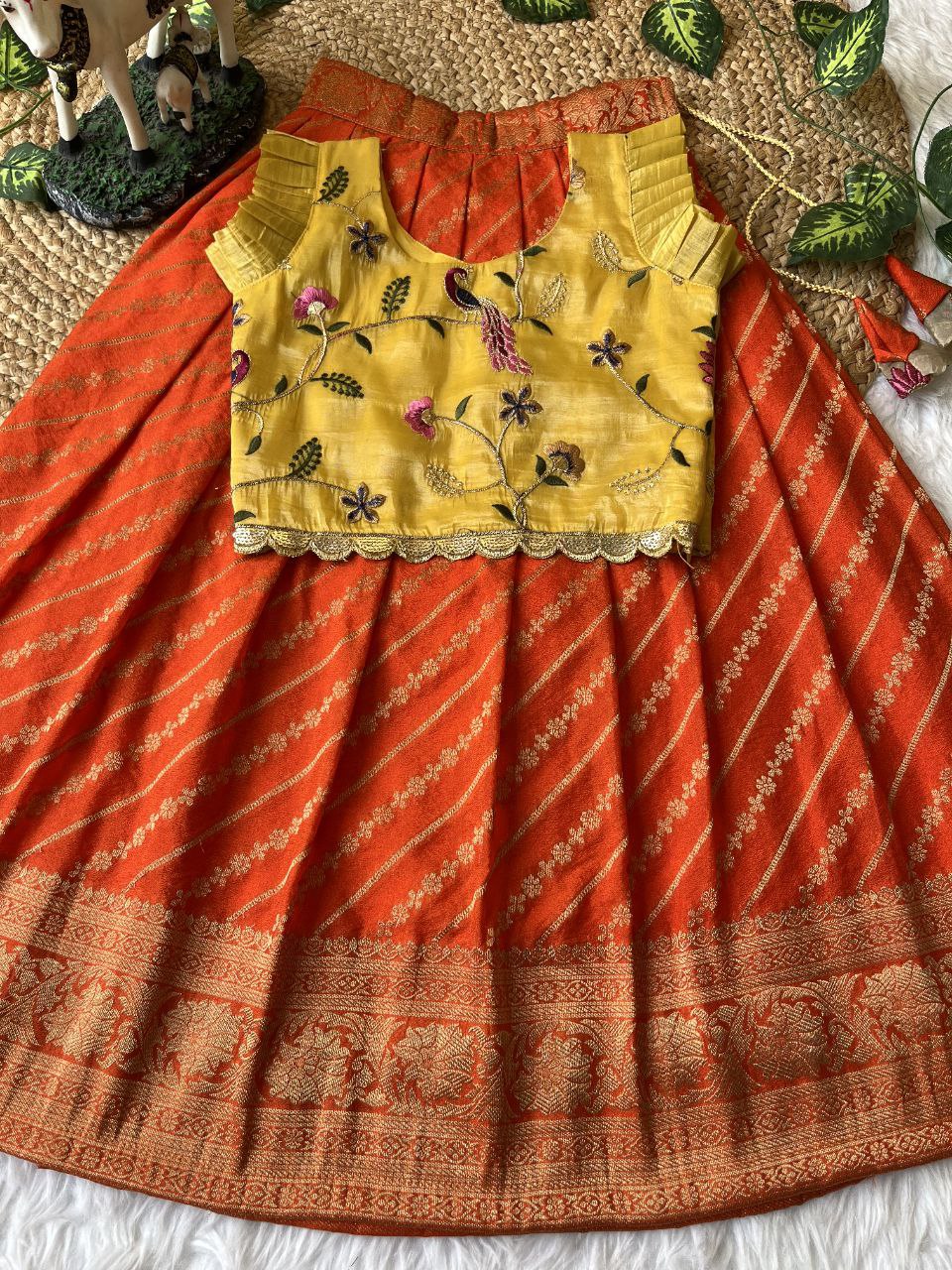 Premium Peacock Embroidered Silk Kids Lehenga Set with Zari Border