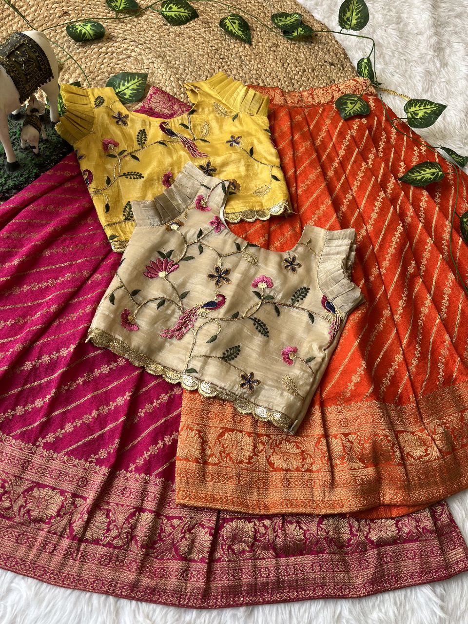 Premium Peacock Embroidered Silk Kids Lehenga Set with Zari Border