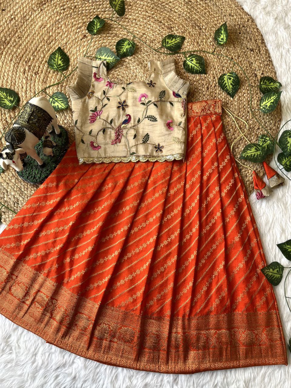 Premium Peacock Embroidered Silk Kids Lehenga Set with Zari Border