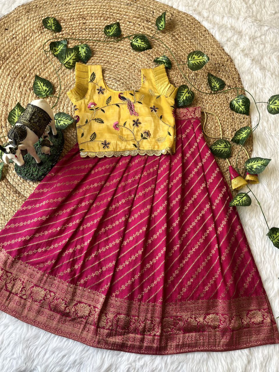 Premium Peacock Embroidered Silk Kids Lehenga Set with Zari Border
