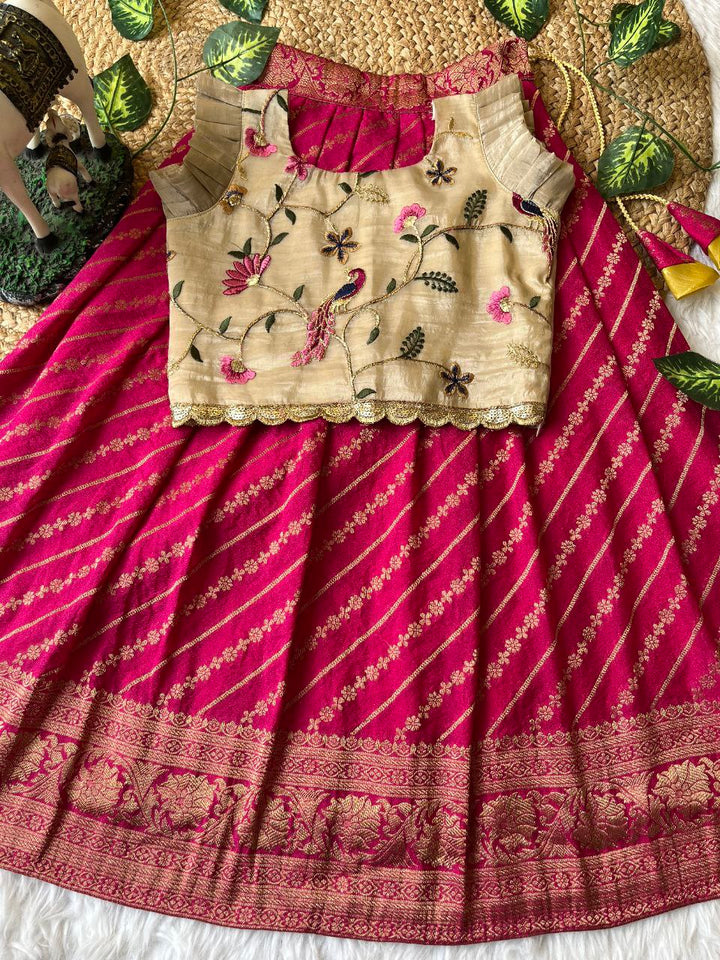 Premium Peacock Embroidered Silk Kids Lehenga Set with Zari Border
