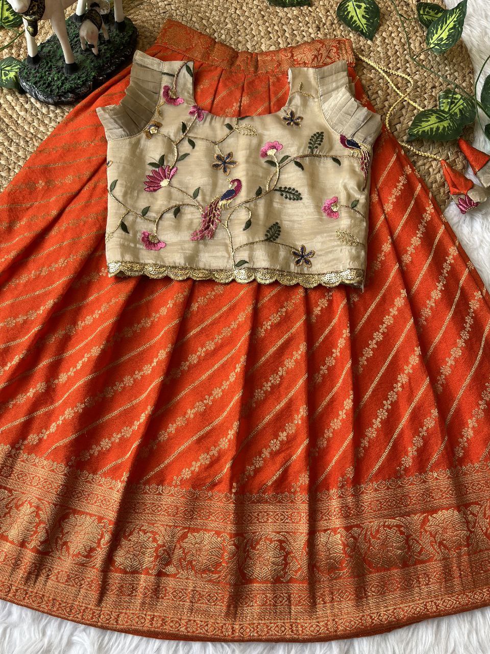 Premium Peacock Embroidered Silk Kids Lehenga Set with Zari Border