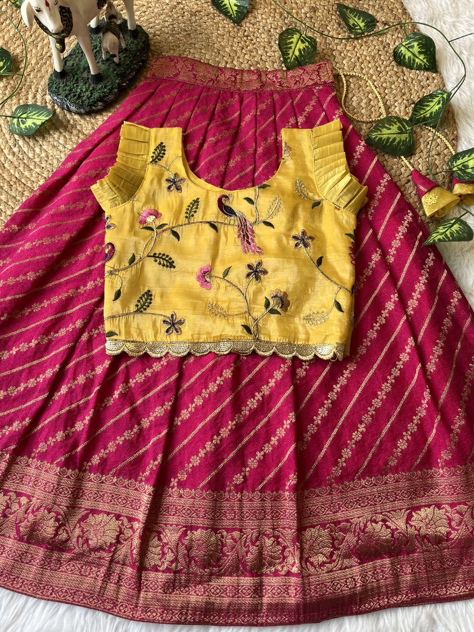 Premium Peacock Embroidered Silk Kids Lehenga Set with Zari Border