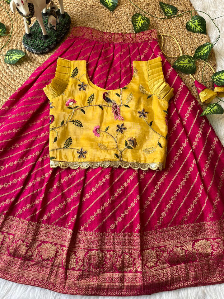 Premium Peacock Embroidered Silk Kids Lehenga Set with Zari Border