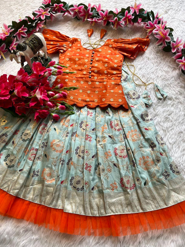 Designer Kids Lehenga Set with Zari Weaving & Scalloped Blouse