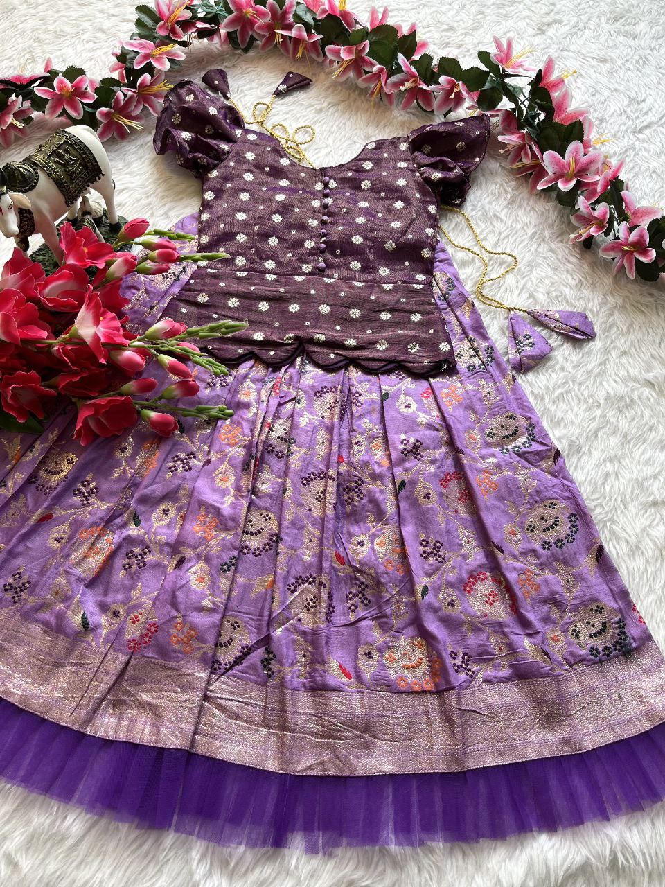 Designer Kids Lehenga Set with Zari Weaving & Scalloped Blouse
