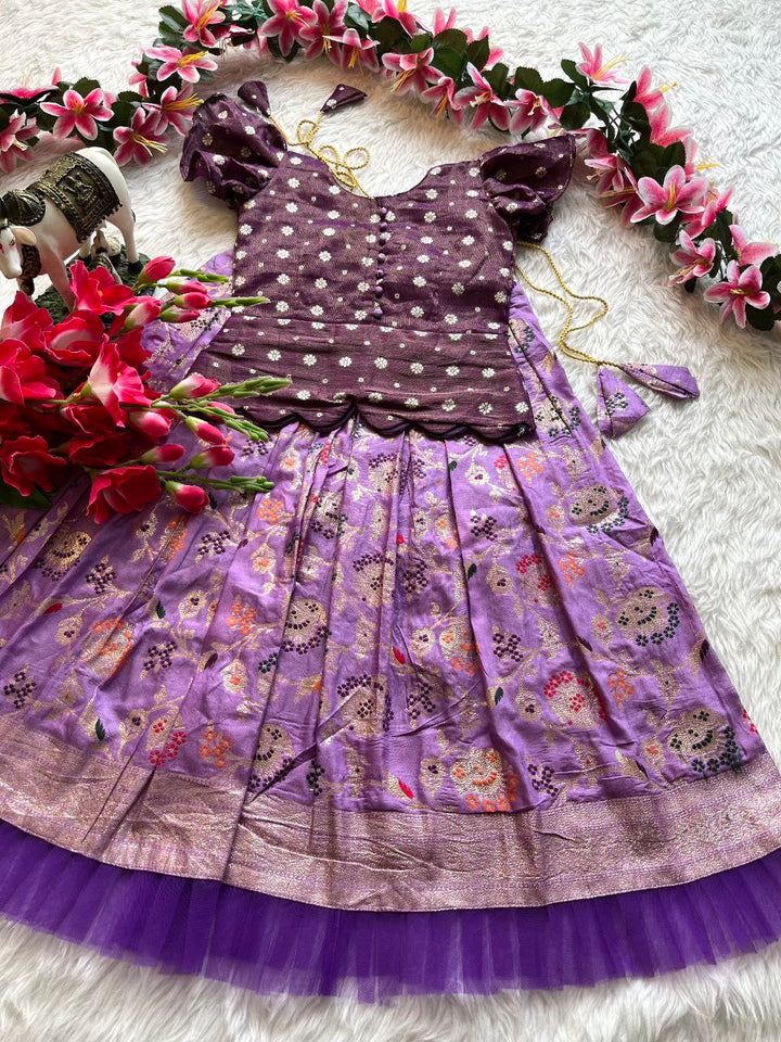 Designer Kids Lehenga Set with Zari Weaving & Scalloped Blouse