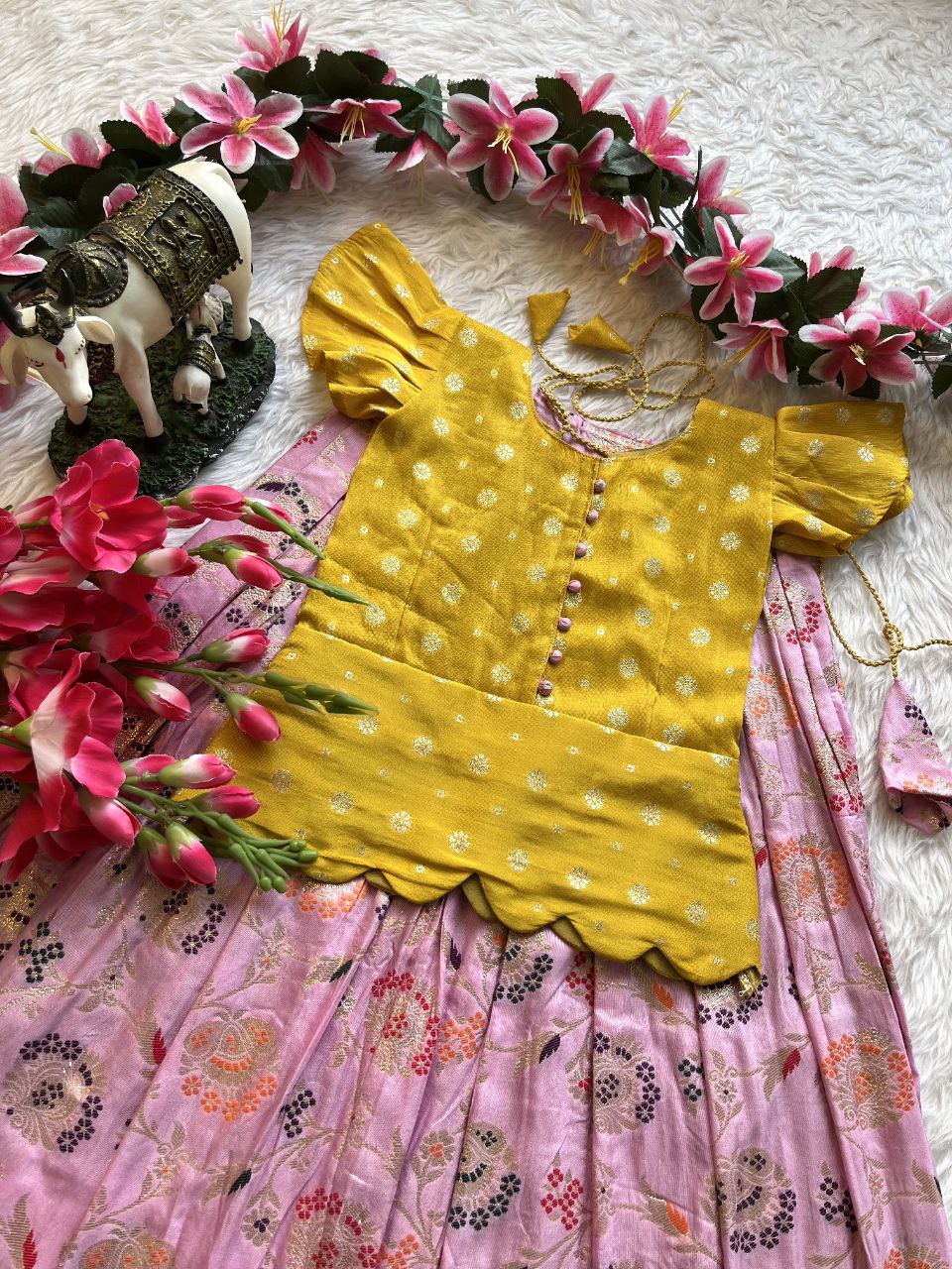 Designer Kids Lehenga Set with Zari Weaving & Scalloped Blouse