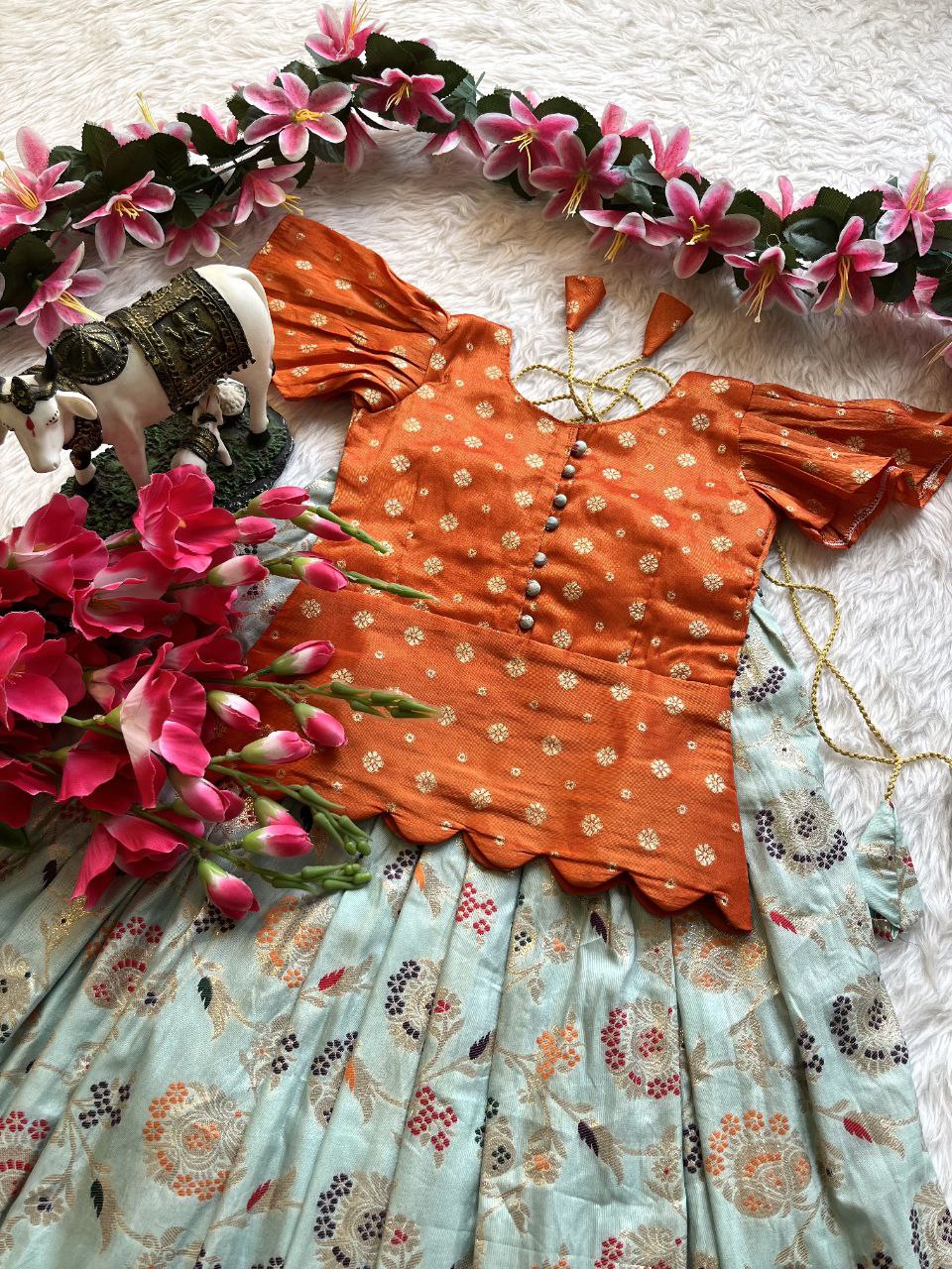 Designer Kids Lehenga Set with Zari Weaving & Scalloped Blouse