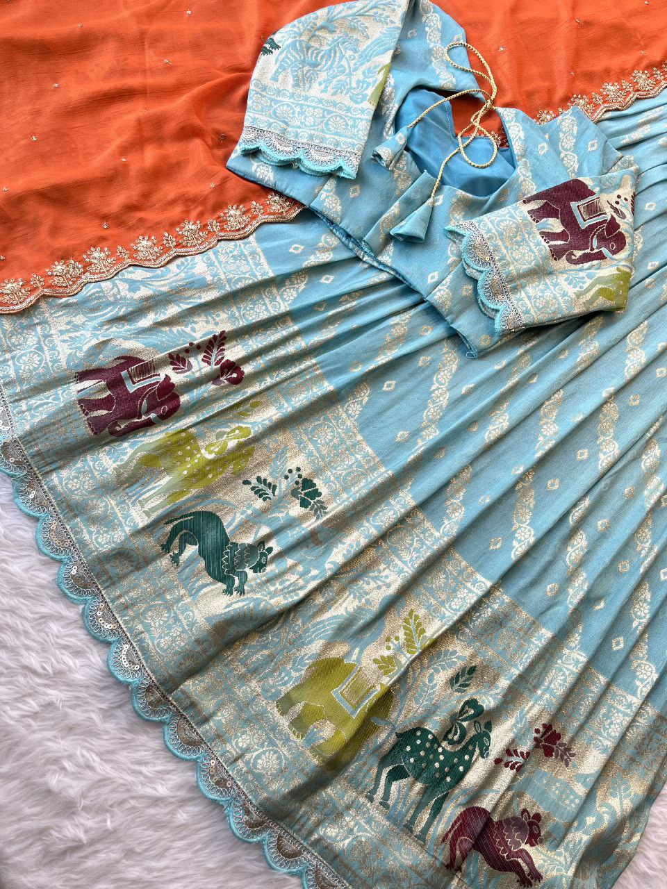 Designer Animal Motif Lehenga Set with Bandhej Dupatta & Paithani Blouse