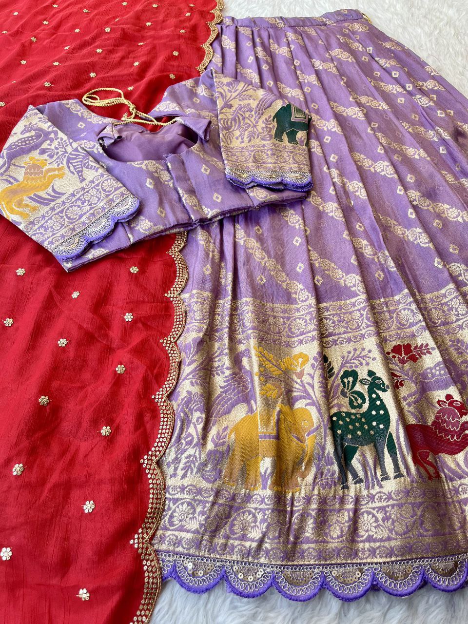 Designer Animal Motif Lehenga Set with Bandhej Dupatta & Paithani Blouse