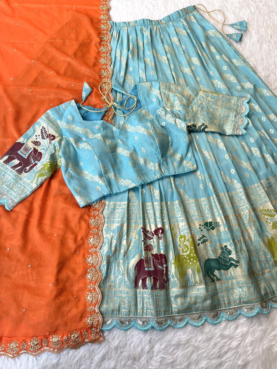 Designer Animal Motif Lehenga Set with Bandhej Dupatta & Paithani Blouse