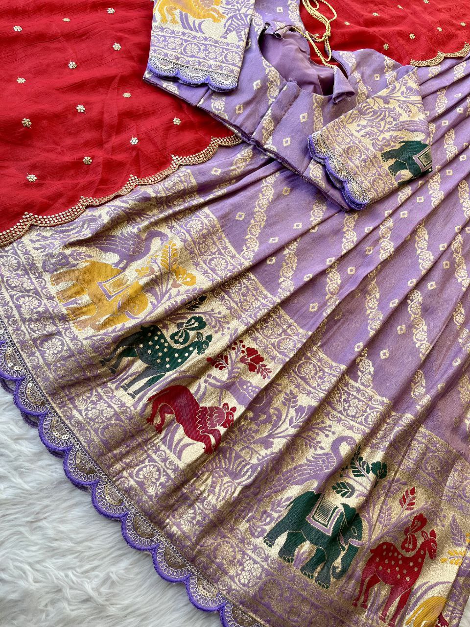 Designer Animal Motif Lehenga Set with Bandhej Dupatta & Paithani Blouse