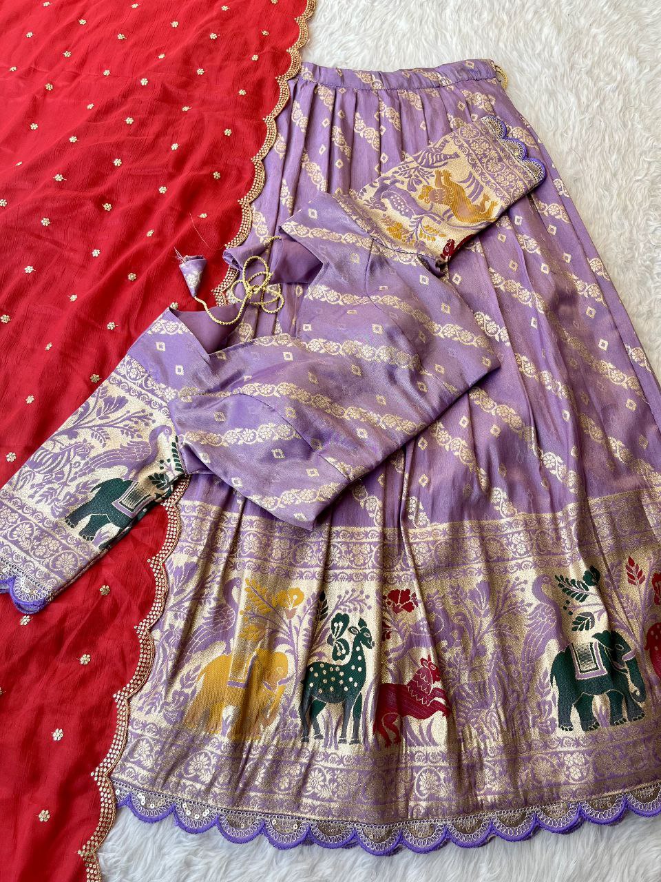 Designer Animal Motif Lehenga Set with Bandhej Dupatta & Paithani Blouse