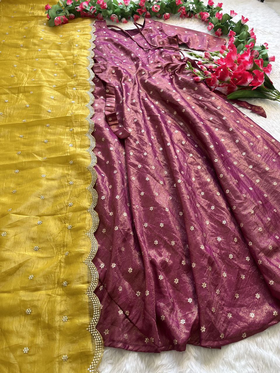 Luxury Tissue Silk Gown with Gold Weaving & Designer Dupatta