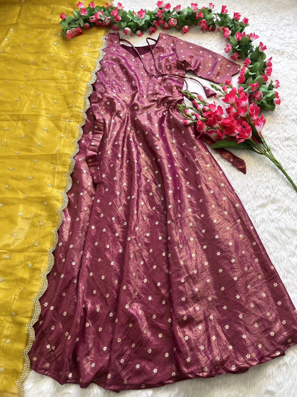 Luxury Tissue Silk Gown with Gold Weaving & Designer Dupatta