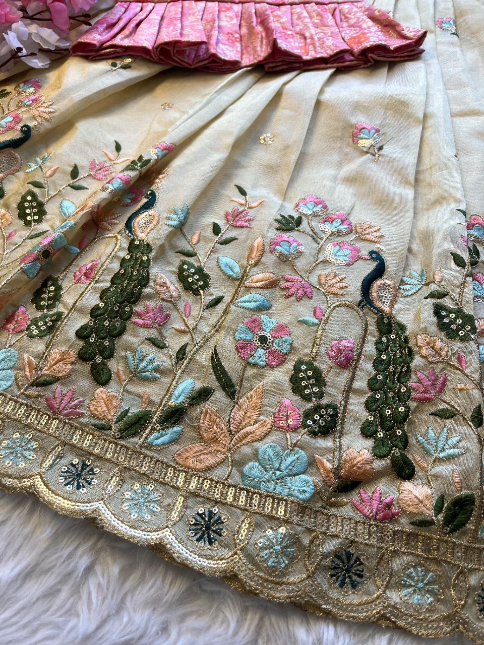 Peacock Beauty Kids Lehenga Set with Embroidery & Dola Silk Blouse
