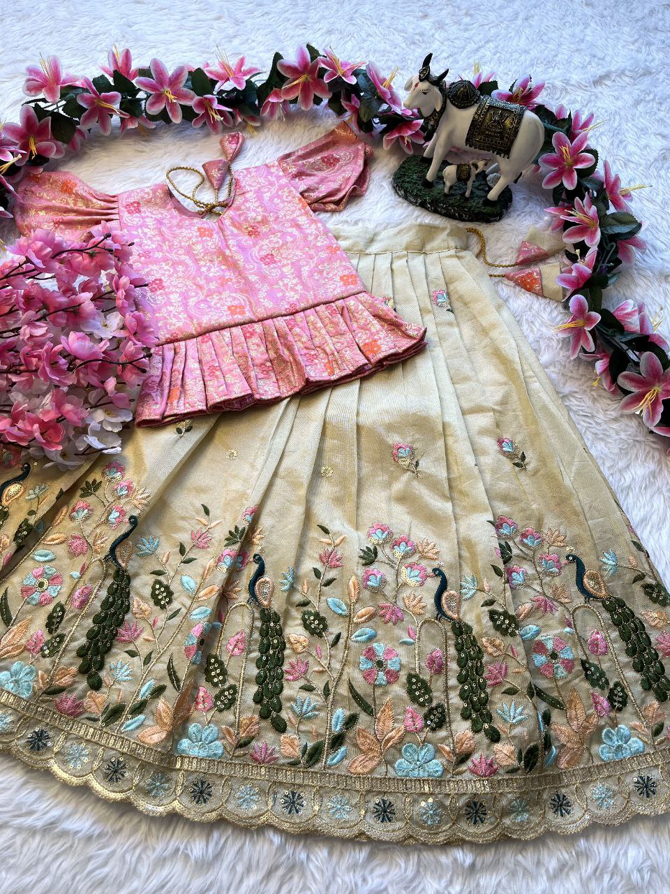 Peacock Beauty Kids Lehenga Set with Embroidery & Dola Silk Blouse