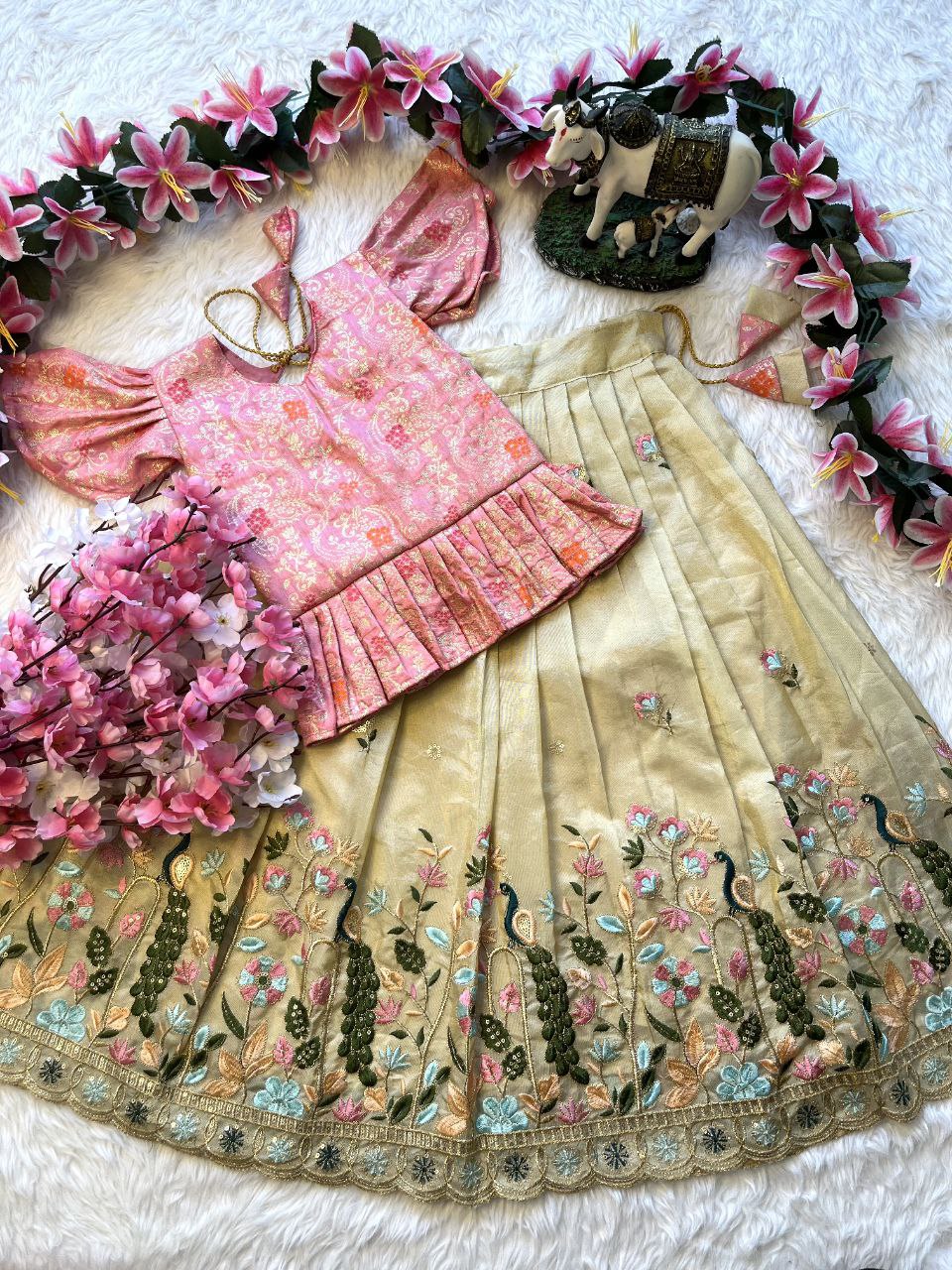 Peacock Beauty Kids Lehenga Set with Embroidery & Dola Silk Blouse